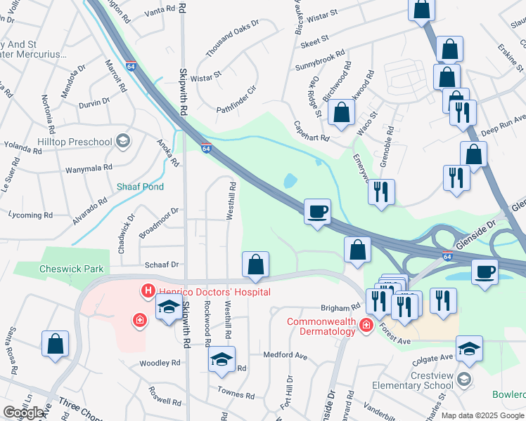 map of restaurants, bars, coffee shops, grocery stores, and more near 1802 Bayberry Court in Richmond