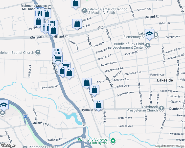 map of restaurants, bars, coffee shops, grocery stores, and more near 3019 Maplewood Road in Richmond