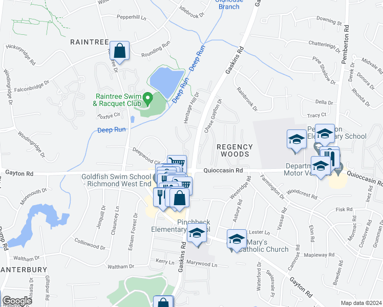 map of restaurants, bars, coffee shops, grocery stores, and more near 1525 Heritage Hill Circle in Henrico
