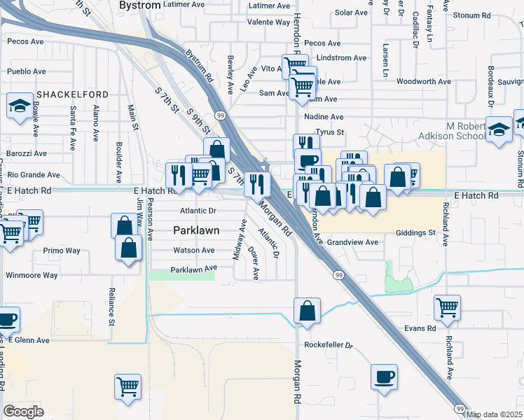 map of restaurants, bars, coffee shops, grocery stores, and more near 1512 Atlantic Drive in Modesto