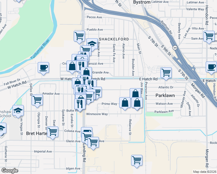 map of restaurants, bars, coffee shops, grocery stores, and more near 321 Olivero Road in Modesto