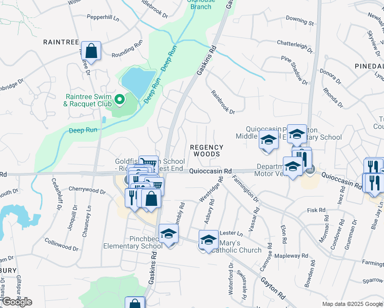 map of restaurants, bars, coffee shops, grocery stores, and more near 1507 Thistle Road in Henrico