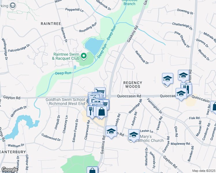 map of restaurants, bars, coffee shops, grocery stores, and more near 1525 Heritage Hill Circle in Henrico