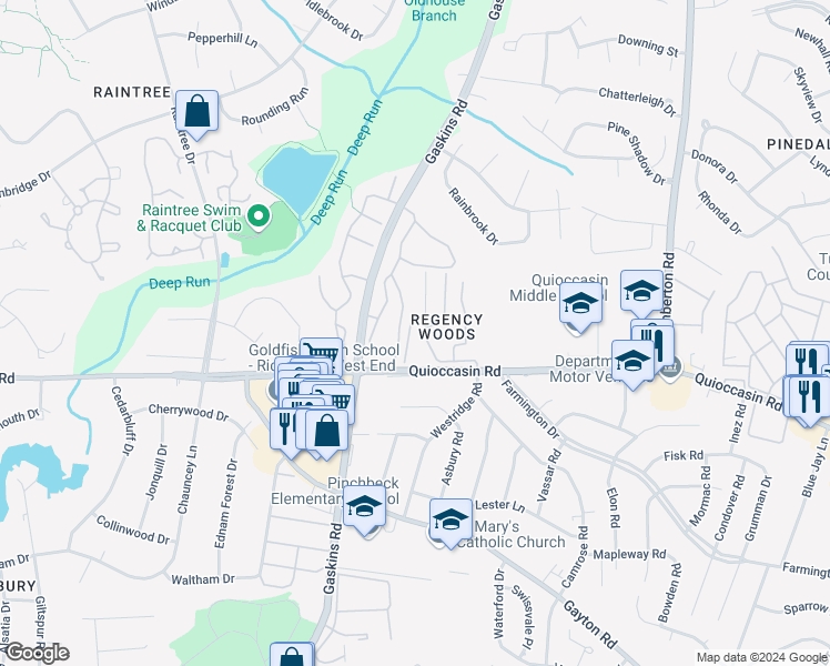 map of restaurants, bars, coffee shops, grocery stores, and more near 1507 Thistle Road in Henrico