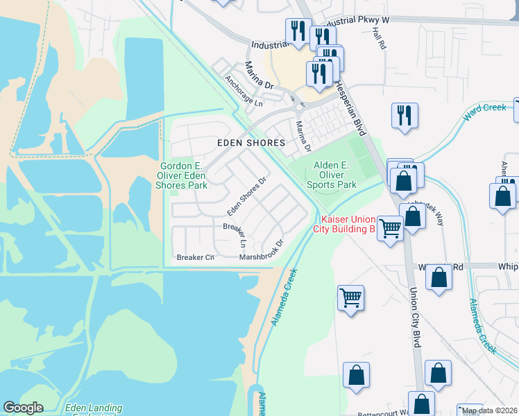 map of restaurants, bars, coffee shops, grocery stores, and more near 2700 Spindrift Court in Hayward