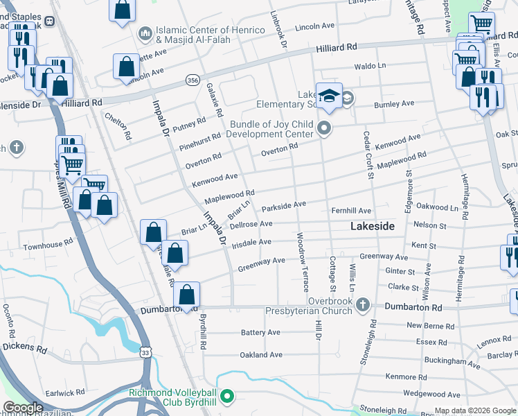 map of restaurants, bars, coffee shops, grocery stores, and more near 2900 Dellrose Avenue in Richmond