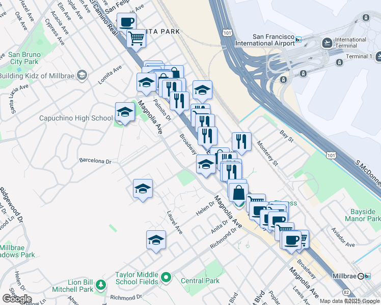 map of restaurants, bars, coffee shops, grocery stores, and more near 1365 Broadway in Millbrae