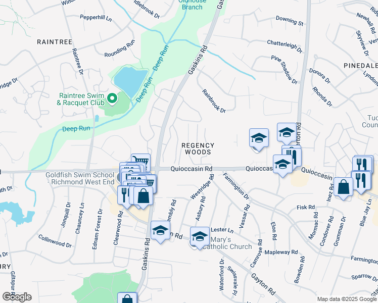 map of restaurants, bars, coffee shops, grocery stores, and more near 1501 Bronwyn Road in Henrico