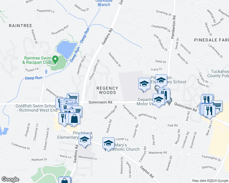 map of restaurants, bars, coffee shops, grocery stores, and more near 1507 Largo Road in Richmond