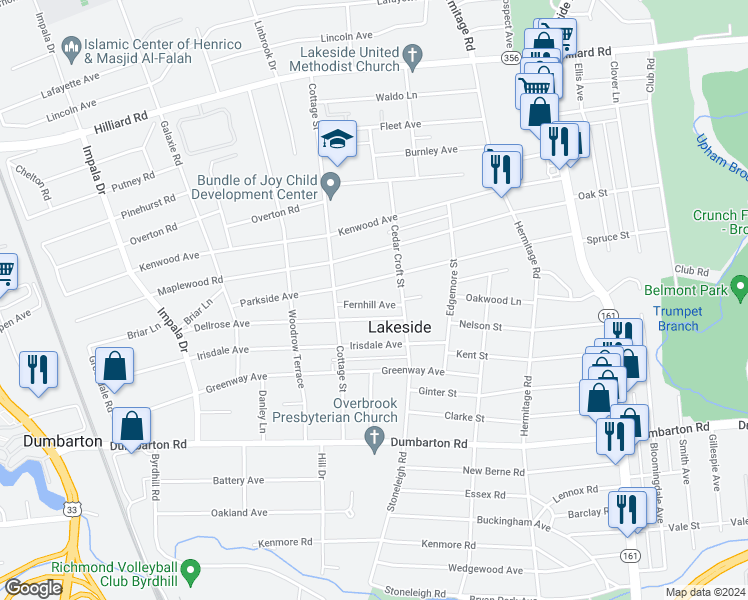 map of restaurants, bars, coffee shops, grocery stores, and more near 2612 Fernhill Avenue in Richmond