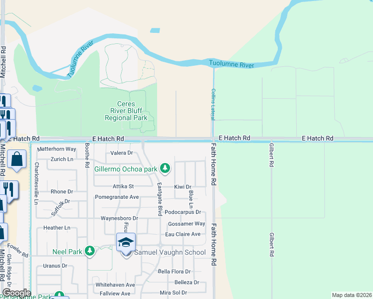 map of restaurants, bars, coffee shops, grocery stores, and more near 3911 Bougainvillea Drive in Ceres
