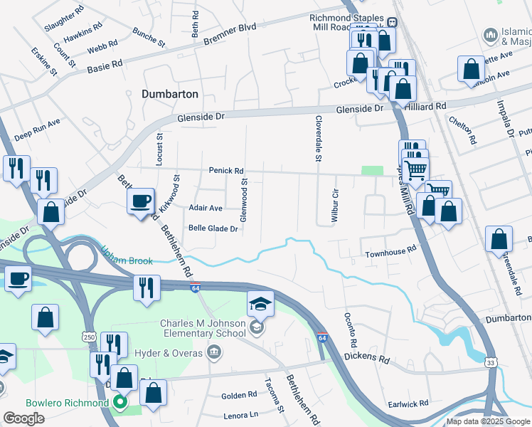 map of restaurants, bars, coffee shops, grocery stores, and more near 6619 Fernwood Street in Richmond