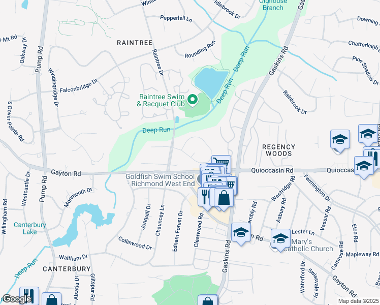 map of restaurants, bars, coffee shops, grocery stores, and more near 10129 Deepwood Circle in Richmond