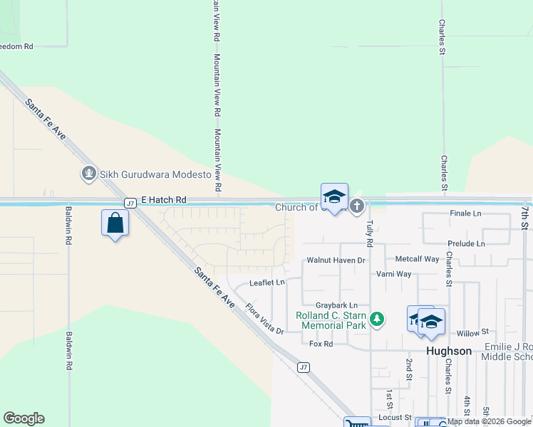 map of restaurants, bars, coffee shops, grocery stores, and more near 6324 East Hatch Road in Hughson
