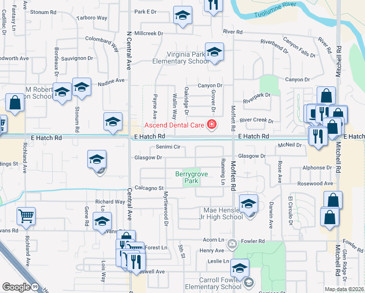 map of restaurants, bars, coffee shops, grocery stores, and more near 2321 Senimi Circle in Ceres