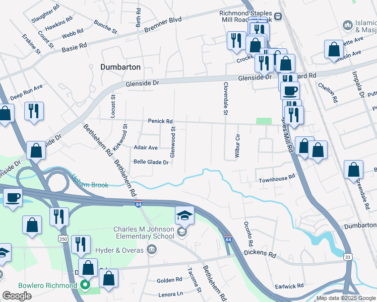 map of restaurants, bars, coffee shops, grocery stores, and more near 6619 Fernwood Street in Richmond
