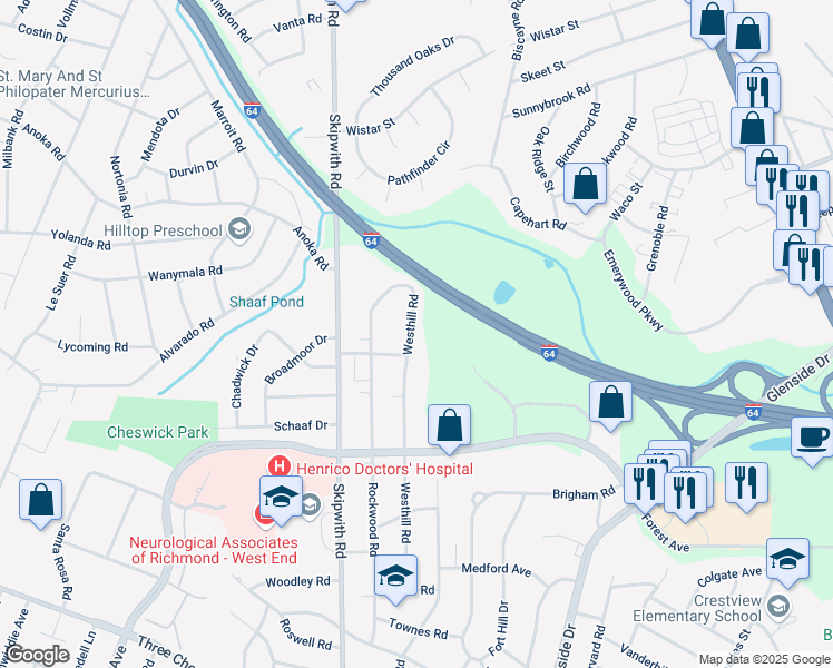 map of restaurants, bars, coffee shops, grocery stores, and more near 1807 Westhill Road in Richmond