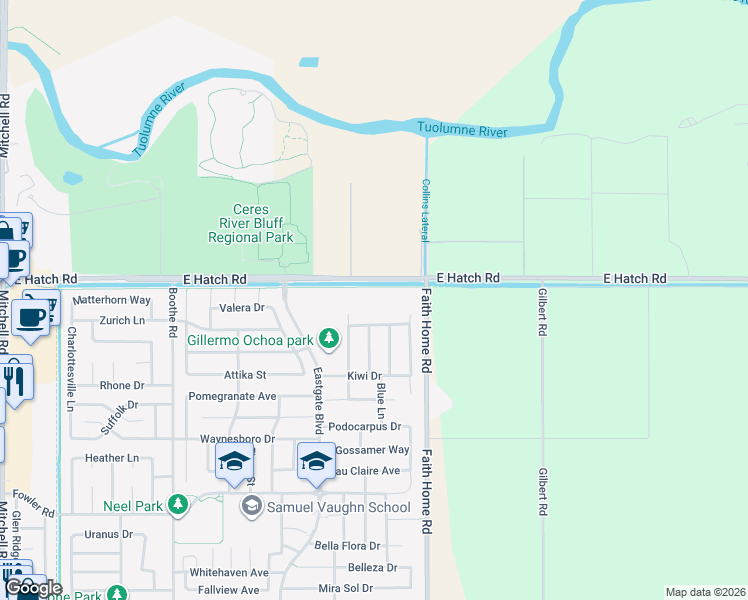 map of restaurants, bars, coffee shops, grocery stores, and more near 3911 Bougainvillea Drive in Ceres