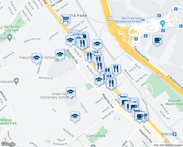 map of restaurants, bars, coffee shops, grocery stores, and more near 220 Ludeman Lane in Millbrae