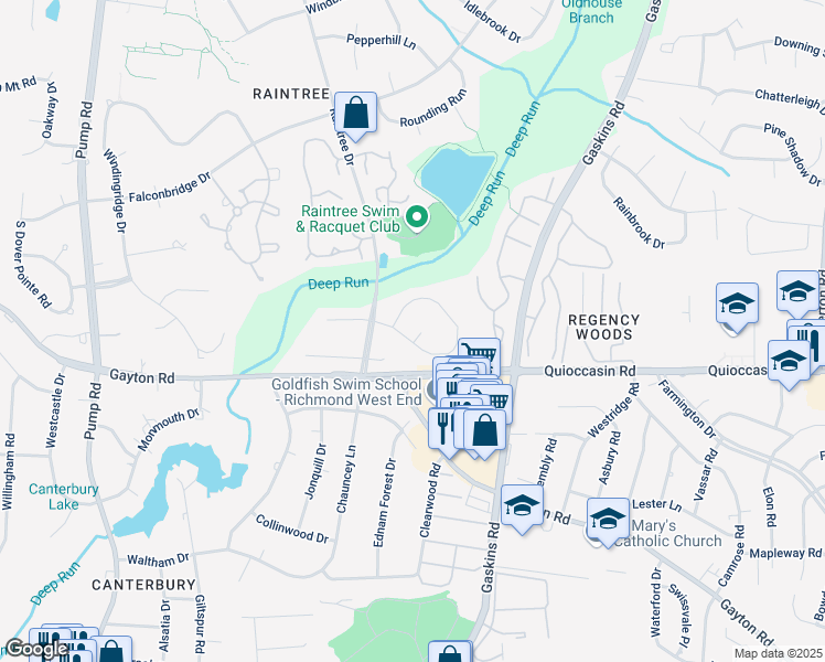 map of restaurants, bars, coffee shops, grocery stores, and more near 10129 Deepwood Circle in Richmond