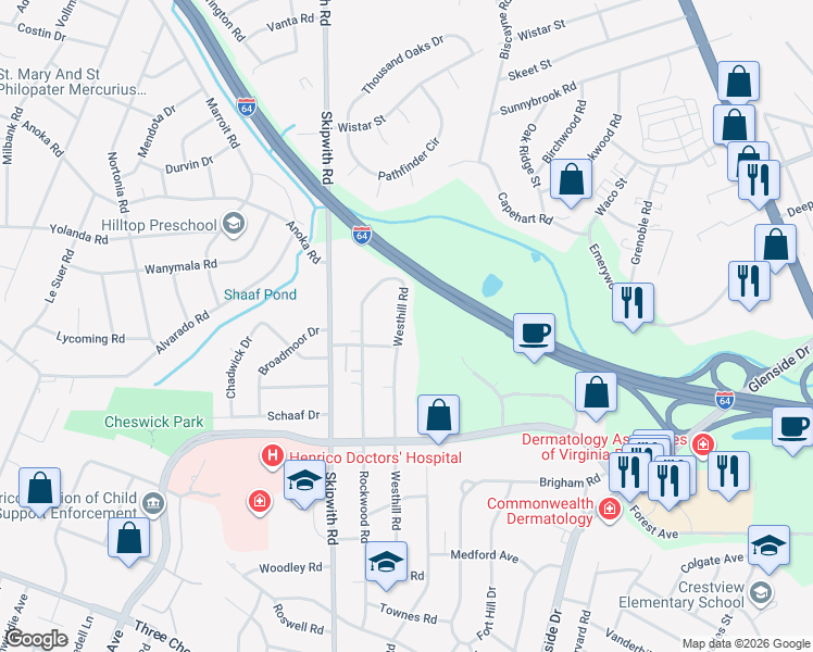 map of restaurants, bars, coffee shops, grocery stores, and more near 1801 Westhill Road in Richmond