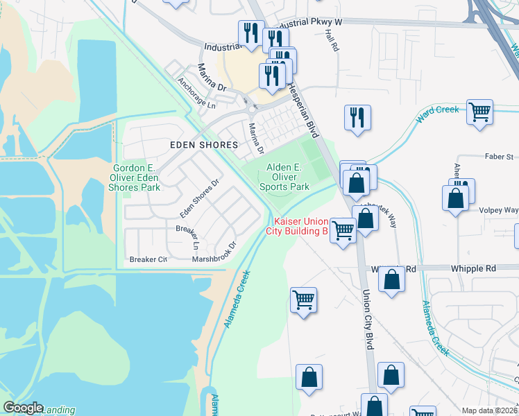 map of restaurants, bars, coffee shops, grocery stores, and more near 2581 Spindrift Circle in Hayward