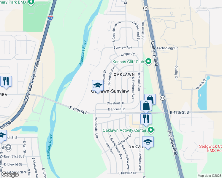 map of restaurants, bars, coffee shops, grocery stores, and more near 4588 South Cedardale Avenue in Wichita