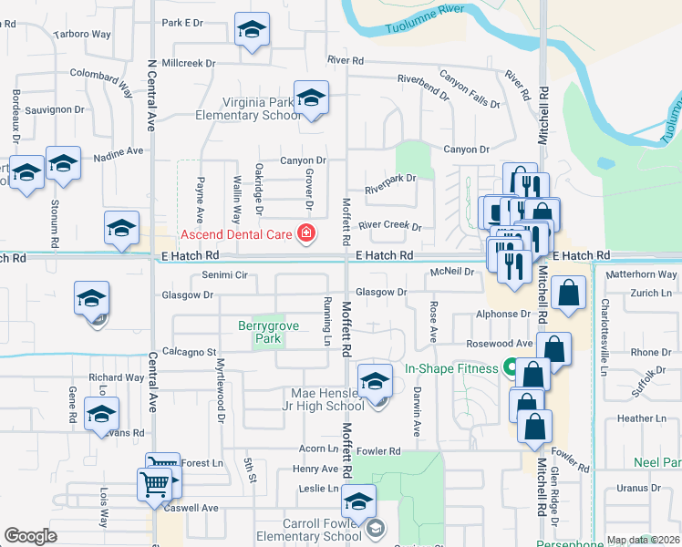 map of restaurants, bars, coffee shops, grocery stores, and more near 1539 Moffett Road in Ceres