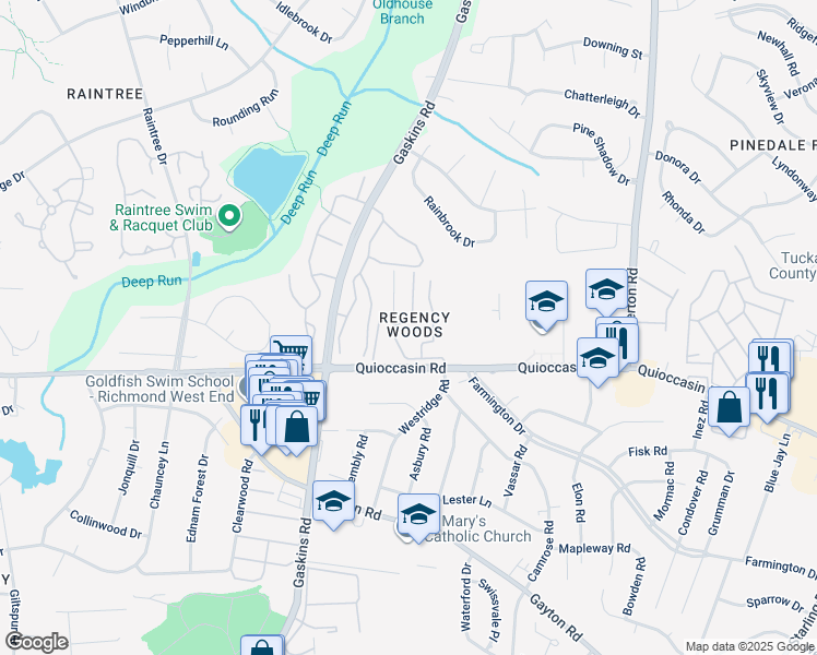 map of restaurants, bars, coffee shops, grocery stores, and more near 1503 Bronwyn Road in Richmond