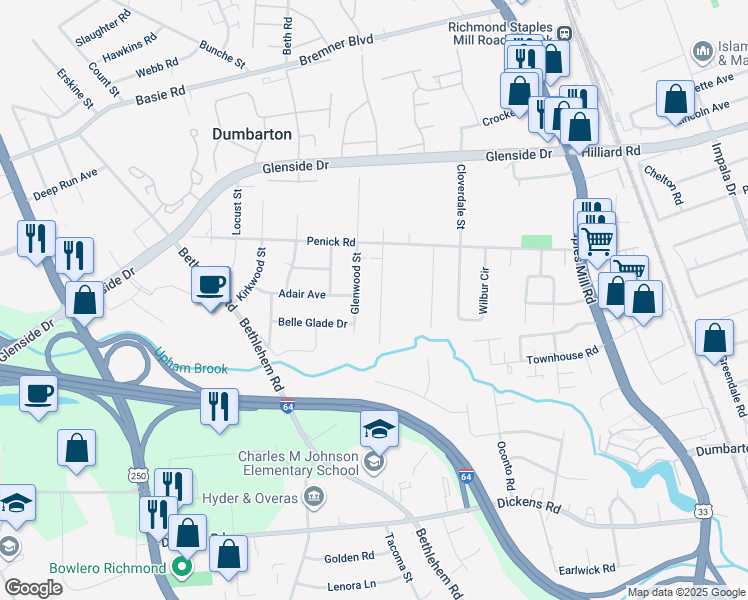 map of restaurants, bars, coffee shops, grocery stores, and more near 6622 Fernwood Street in Henrico