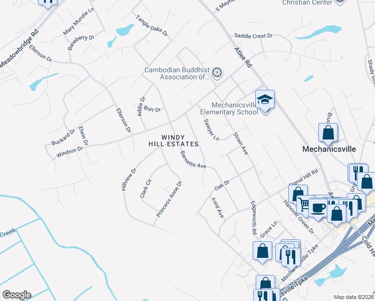 map of restaurants, bars, coffee shops, grocery stores, and more near 7370 Barnette Avenue in Mechanicsville