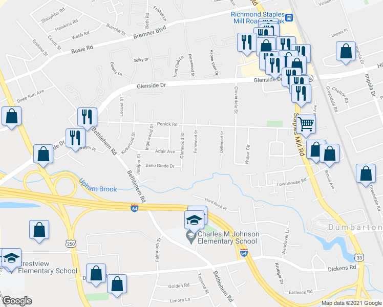 map of restaurants, bars, coffee shops, grocery stores, and more near 6622 Fernwood Street in Henrico