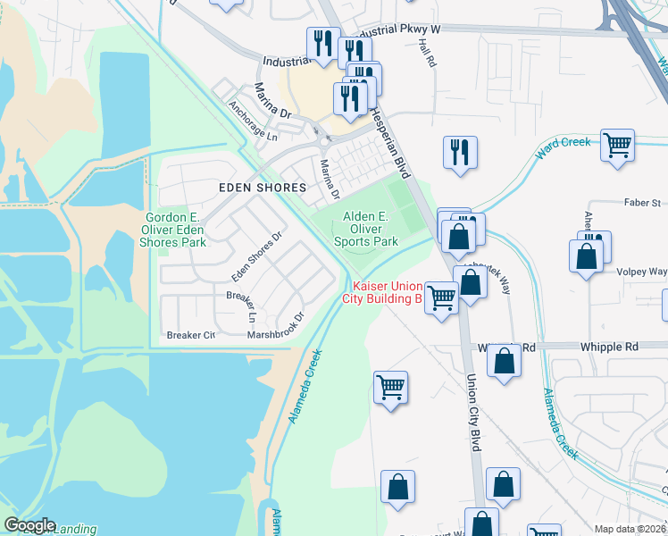 map of restaurants, bars, coffee shops, grocery stores, and more near 2581 Spindrift Circle in Hayward