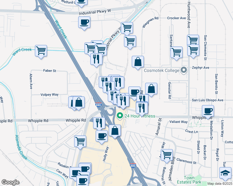map of restaurants, bars, coffee shops, grocery stores, and more near 30158 Industrial Parkway Southwest in Hayward