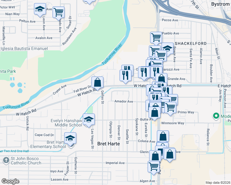 map of restaurants, bars, coffee shops, grocery stores, and more near 1501 Moselle Court in Modesto