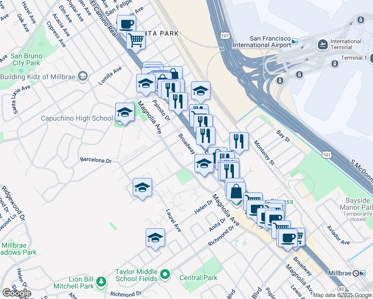 map of restaurants, bars, coffee shops, grocery stores, and more near 220 Ludeman Lane in Millbrae