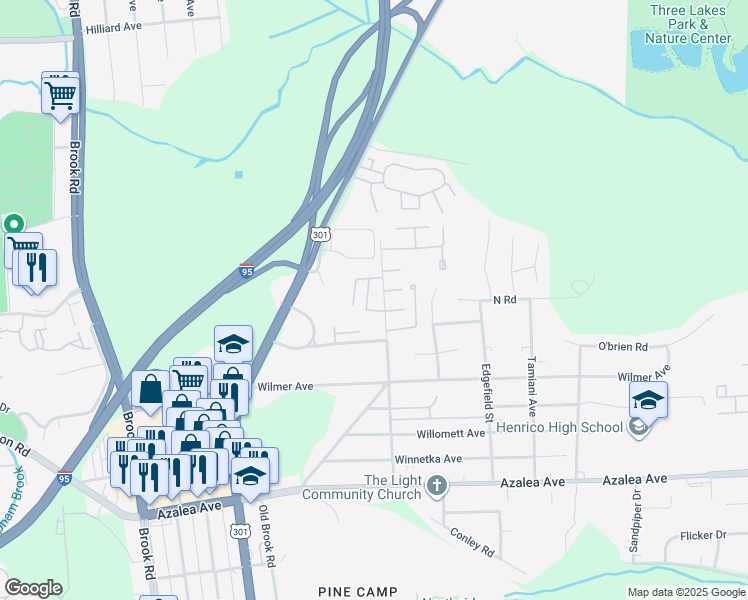 map of restaurants, bars, coffee shops, grocery stores, and more near 5614 Crenshaw Road in Richmond