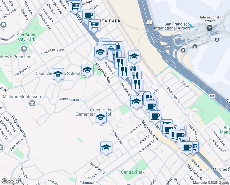 map of restaurants, bars, coffee shops, grocery stores, and more near 1382 Magnolia Avenue in Millbrae