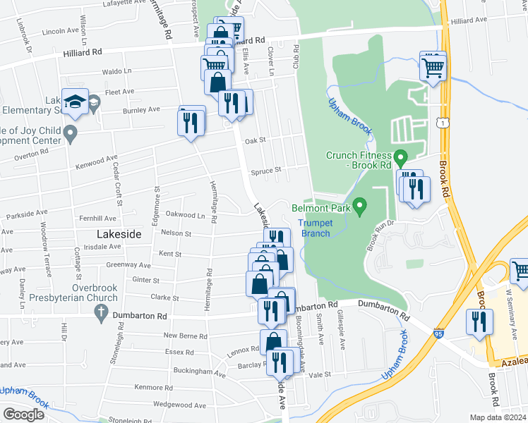 map of restaurants, bars, coffee shops, grocery stores, and more near Lakeside Avenue in Lakeside