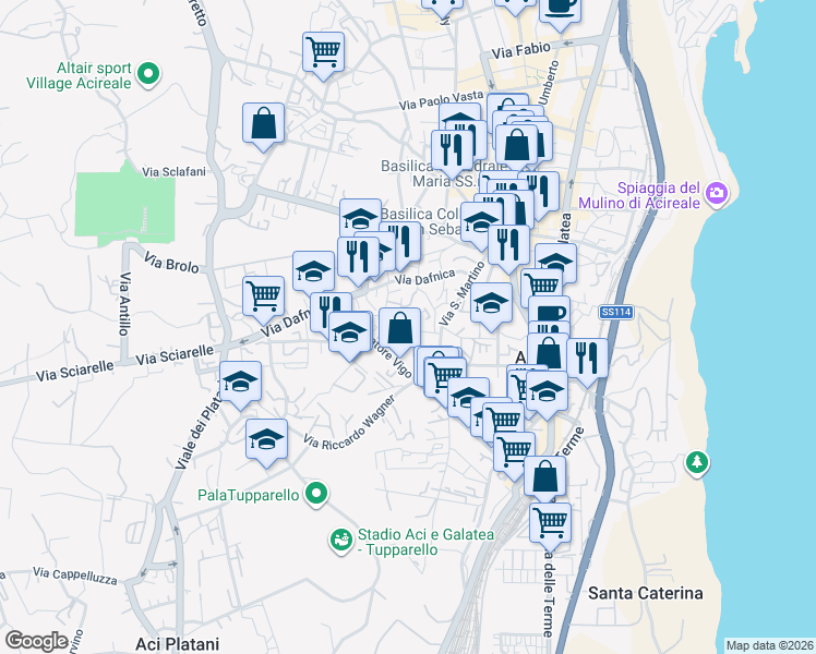 map of restaurants, bars, coffee shops, grocery stores, and more near 5 Via Giuseppe Verdi in Acireale
