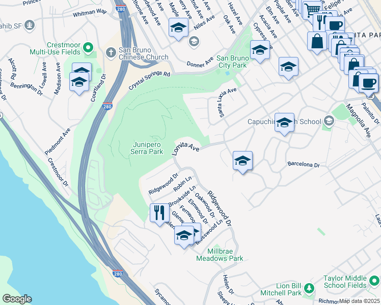 map of restaurants, bars, coffee shops, grocery stores, and more near 830 Lomita Avenue in Millbrae