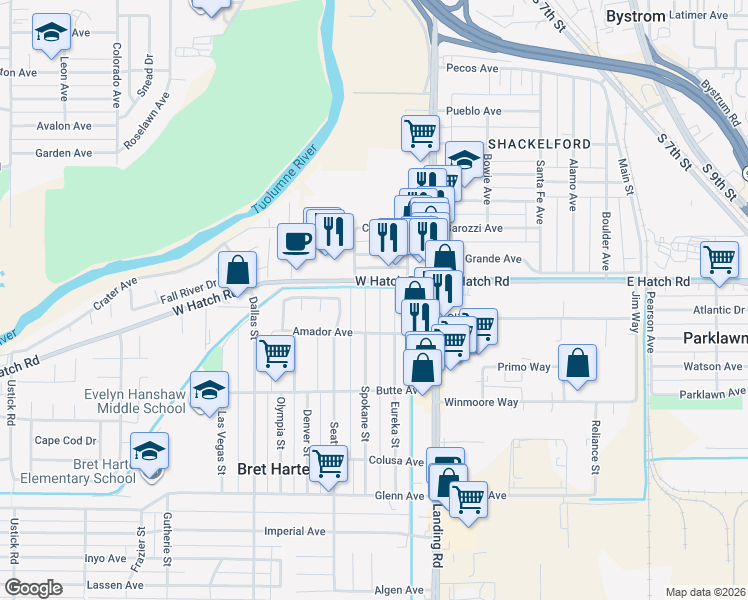map of restaurants, bars, coffee shops, grocery stores, and more near 209 West Hatch Road in Modesto