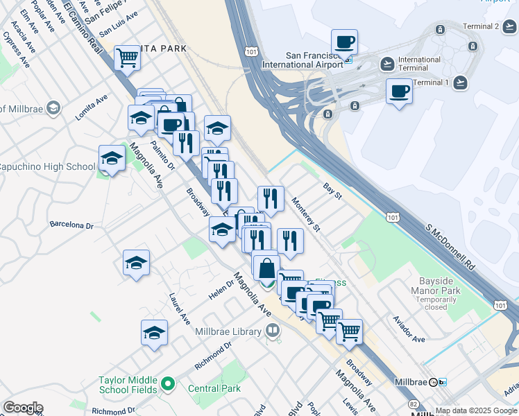 map of restaurants, bars, coffee shops, grocery stores, and more near 1114 San Anselmo Avenue in Millbrae