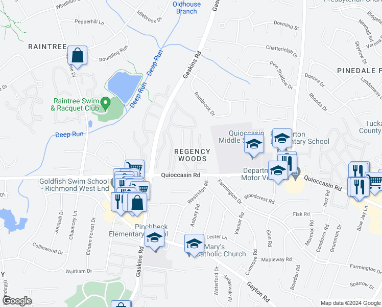 map of restaurants, bars, coffee shops, grocery stores, and more near 1503 Bronwyn Road in Richmond