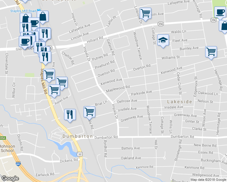 map of restaurants, bars, coffee shops, grocery stores, and more near 2907 Maplewood Road in Henrico