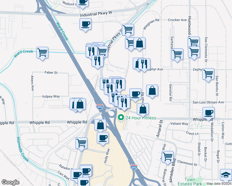 map of restaurants, bars, coffee shops, grocery stores, and more near 30166 Industrial Parkway Southwest in Hayward