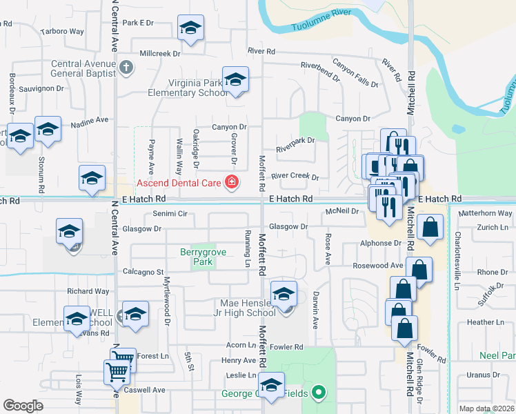 map of restaurants, bars, coffee shops, grocery stores, and more near in Ceres
