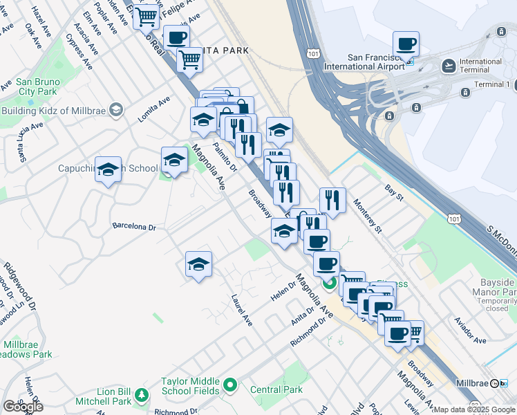 map of restaurants, bars, coffee shops, grocery stores, and more near 1375 El Camino Real in Millbrae