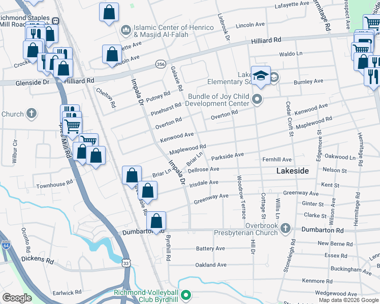 map of restaurants, bars, coffee shops, grocery stores, and more near 2904 Maplewood Road in Richmond