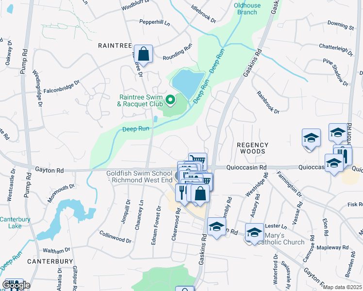 map of restaurants, bars, coffee shops, grocery stores, and more near 10113 Deepwood Circle in Richmond